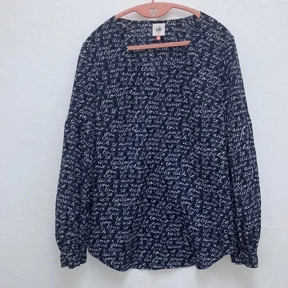 CAbi Te Amo Blue Puff Long Sleeves Love Print Top Size XS